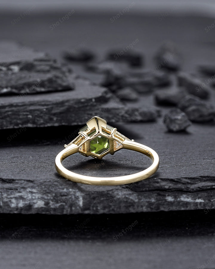 Vintage Hexagon Peridot Engagement Ring, 14K Yellow Gold Peridot Promise Ring, Half Bezel Anniversary Ring Gift, Three Stone Wedding Ring - ShainJewelry