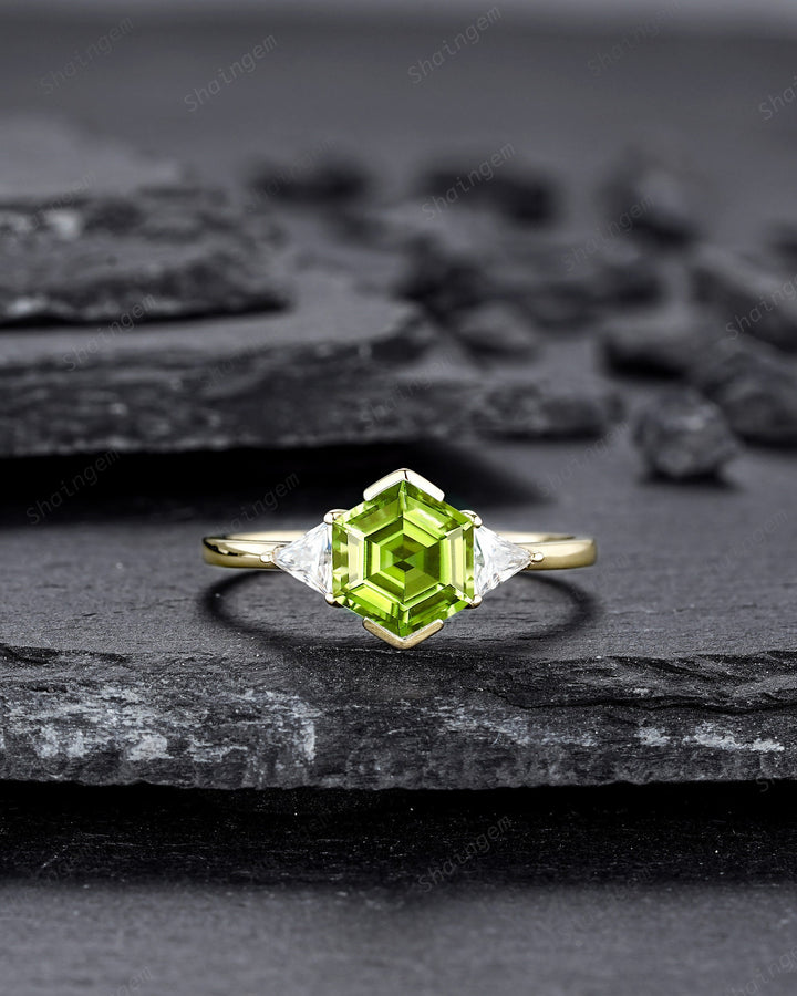 Vintage Hexagon Peridot Engagement Ring, 14K Yellow Gold Peridot Promise Ring, Half Bezel Anniversary Ring Gift, Three Stone Wedding Ring - ShainJewelry