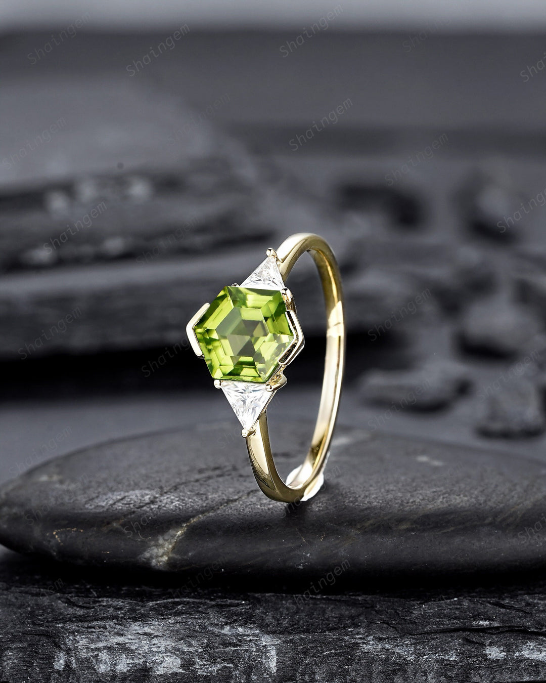 Vintage Hexagon Peridot Engagement Ring, 14K Yellow Gold Peridot Promise Ring, Half Bezel Anniversary Ring Gift, Three Stone Wedding Ring - ShainJewelry