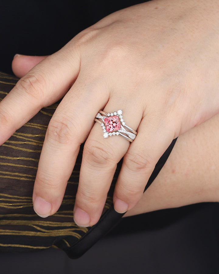3PCS Princess Cut Padparadscha Pink Sapphire Engagement Ring Set, Sapphire Wedding Set, 14K White Gold Promise Ring Gift Vintage Bridal Set - ShainJewelry