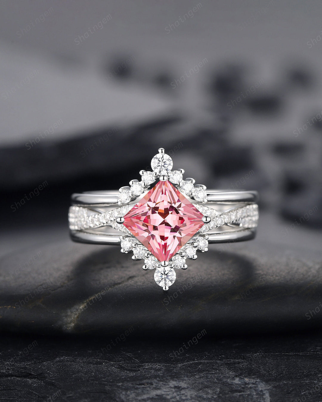3PCS Princess Cut Padparadscha Pink Sapphire Engagement Ring Set, Sapphire Wedding Set, 14K White Gold Promise Ring Gift Vintage Bridal Set - ShainJewelry