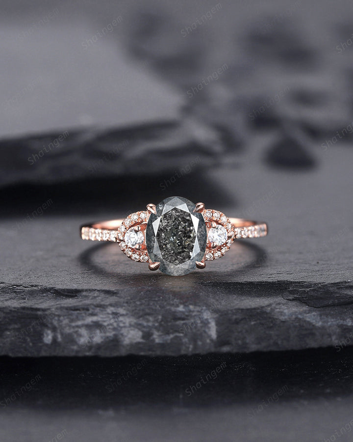 Oval Salt and Pepper Diamond Engagement Ring, Unique 14K Rose Gold Natural Diamond Promise Ring, Gray Diamond Wedding Ring Anniversay Gift - ShainJewelry