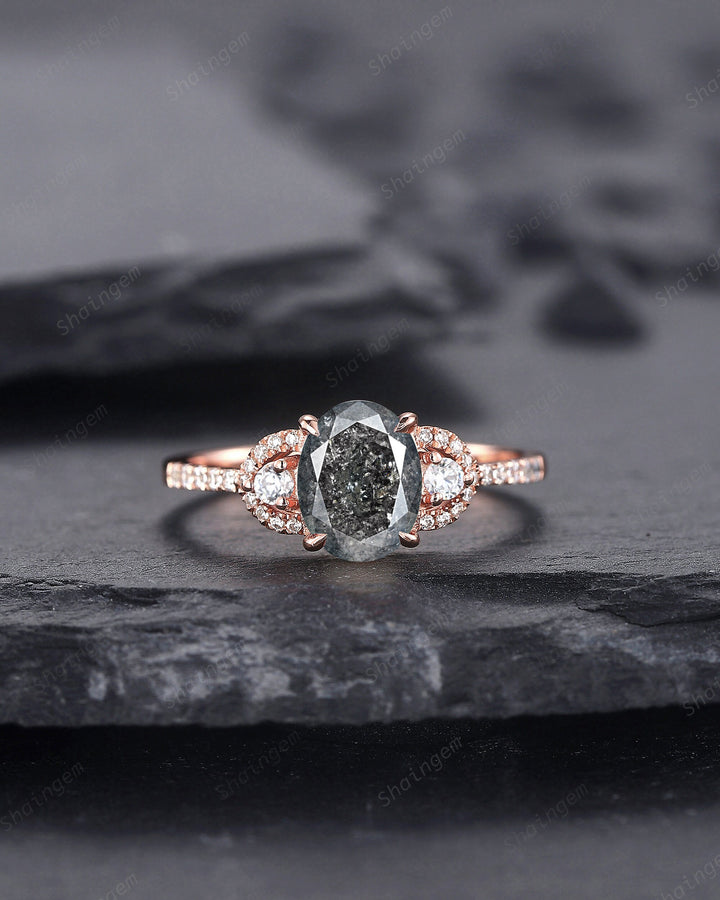 Oval Salt and Pepper Diamond Engagement Ring, Unique 14K Rose Gold Natural Diamond Promise Ring, Gray Diamond Wedding Ring Anniversay Gift - ShainJewelry