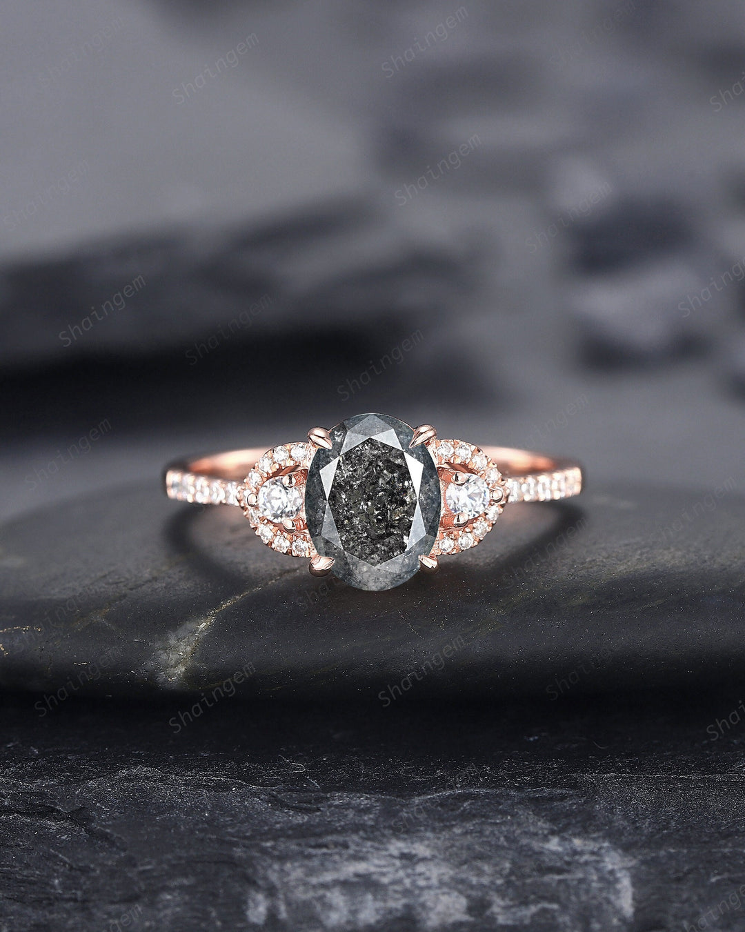 Oval Salt and Pepper Diamond Engagement Ring, Unique 14K Rose Gold Natural Diamond Promise Ring, Gray Diamond Wedding Ring Anniversay Gift - ShainJewelry