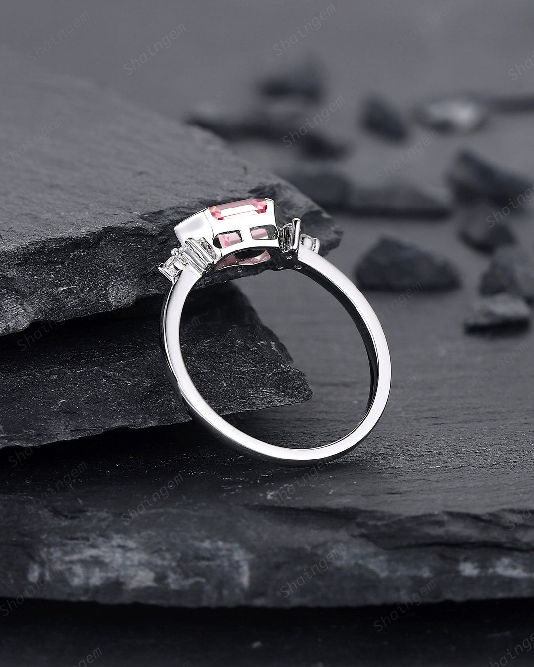 Platinum Long Hexagon Padparadscha Pink Sapphire Engagement Ring, White Gold Cluster Wedding Ring, Art Deco Promise Ring Gift For Women - ShainJewelry