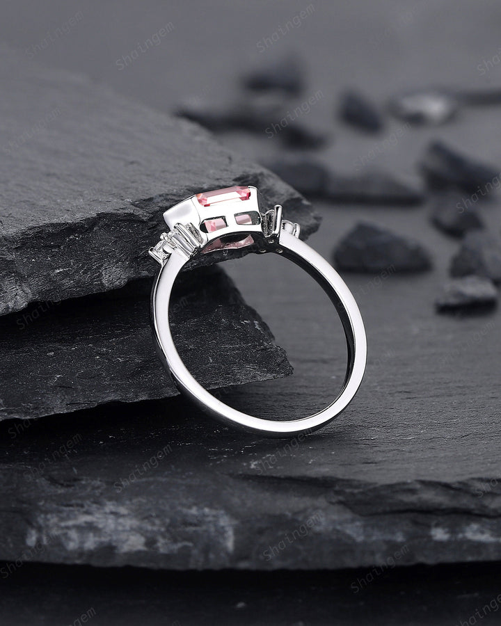 Platinum Long Hexagon Padparadscha Pink Sapphire Engagement Ring, White Gold Cluster Wedding Ring, Art Deco Promise Ring Gift For Women - ShainJewelry