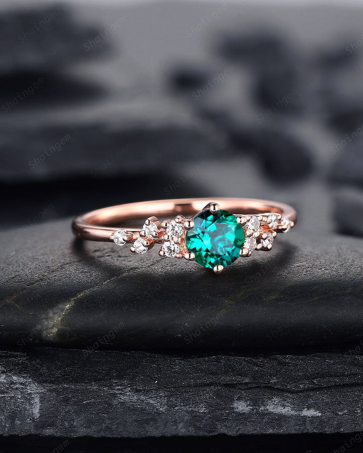 Round Shape Emerald Cluster Engagement Ring, Dainty Snowdrift Promise Ring, Unique Rose Gold May Birthstone Wedding Ring Anniversary Gift - ShainJewelry