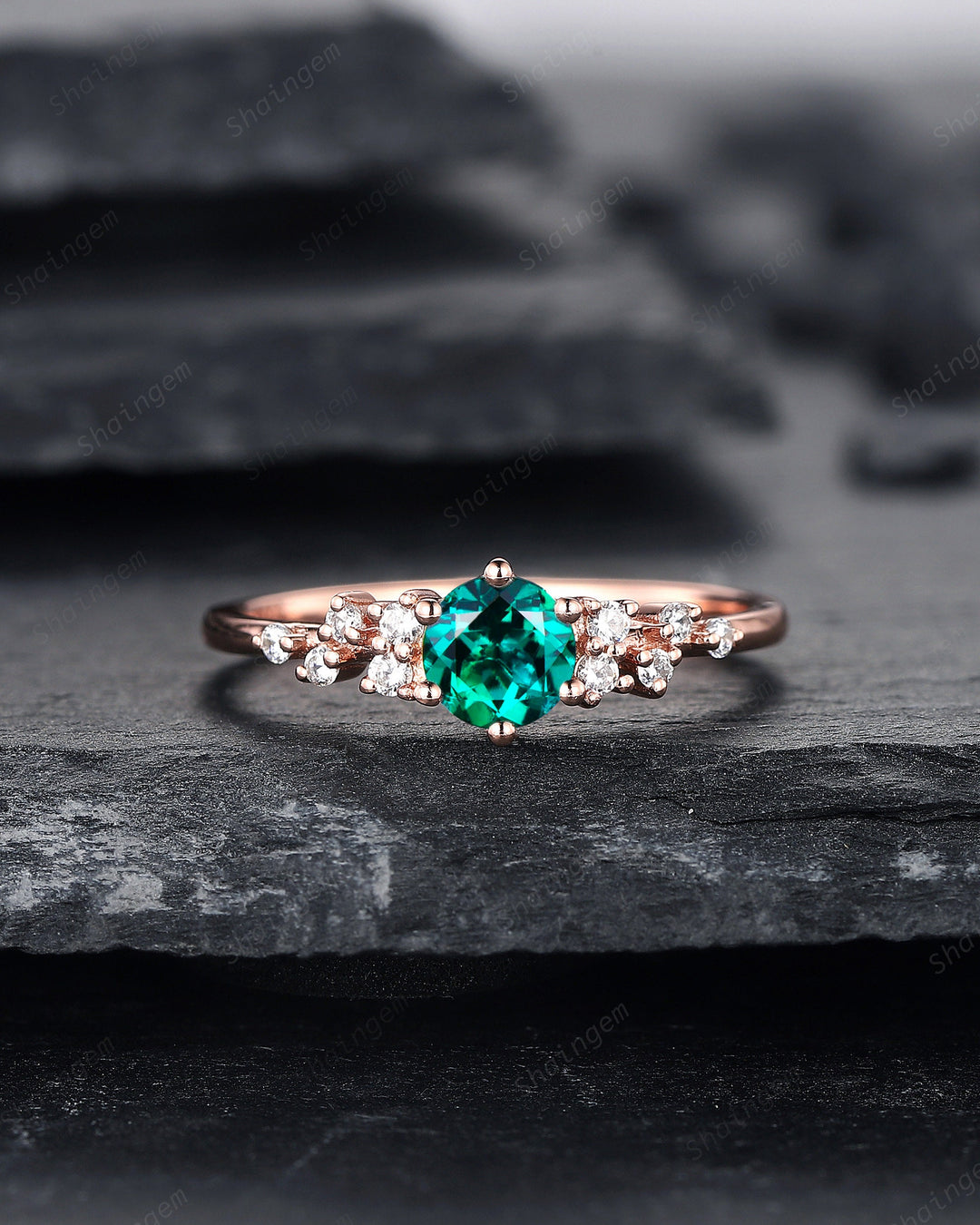 Round Shape Emerald Cluster Engagement Ring, Dainty Snowdrift Promise Ring, Unique Rose Gold May Birthstone Wedding Ring Anniversary Gift - ShainJewelry