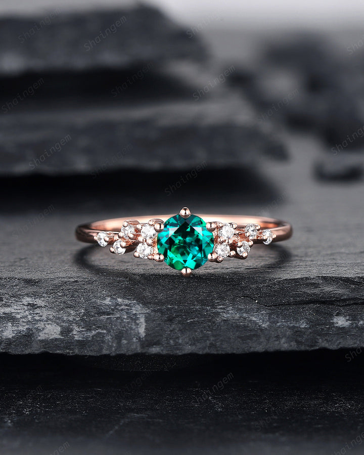 Round Shape Emerald Cluster Engagement Ring, Dainty Snowdrift Promise Ring, Unique Rose Gold May Birthstone Wedding Ring Anniversary Gift - ShainJewelry