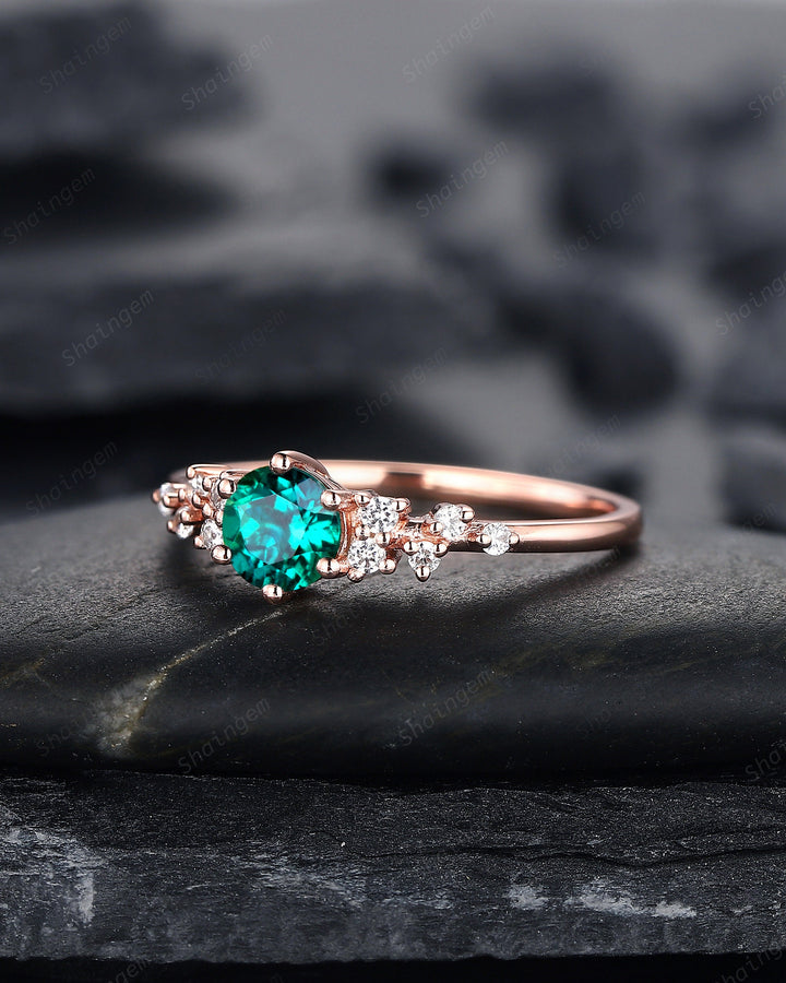 Round Shape Emerald Cluster Engagement Ring, Dainty Snowdrift Promise Ring, Unique Rose Gold May Birthstone Wedding Ring Anniversary Gift - ShainJewelry
