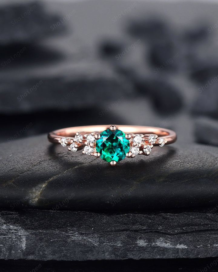 Round Shape Emerald Cluster Engagement Ring, Dainty Snowdrift Promise Ring, Unique Rose Gold May Birthstone Wedding Ring Anniversary Gift - ShainJewelry