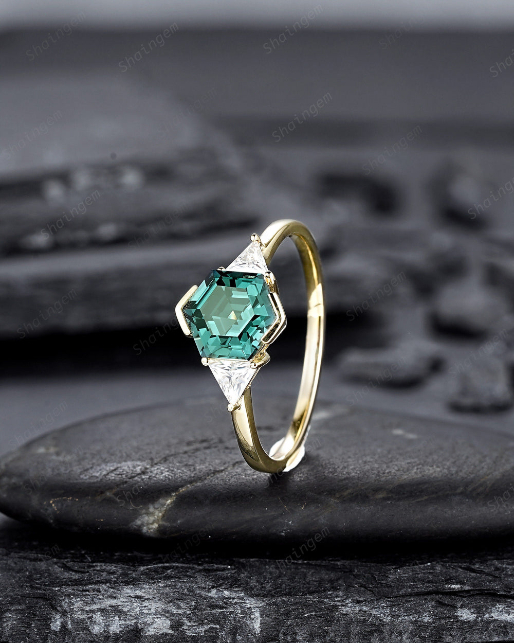 Hexagon Cut Teal Sapphire Engagement Ring Vintage Half Bezel Green Sapphire Promise Ring 14K Yellow Gold Three Stones Promise Ring Gift - ShainJewelry