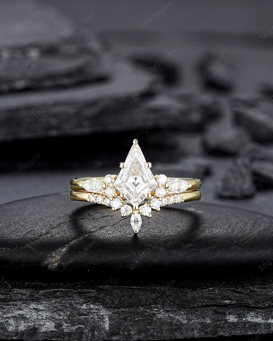 Kite Shape Moissanite and Diamond Engagement Ring Set, Unique 14K Yellow Gold Moissanite Promise Wedding Ring Set Bridal Set Gift for Women - ShainJewelry