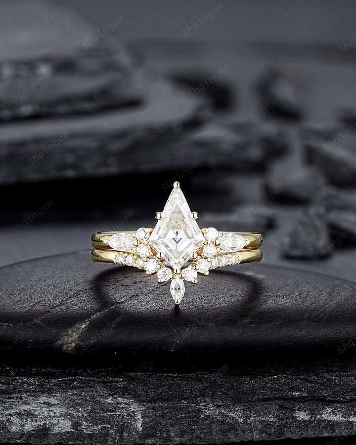 Kite Shape Moissanite and Diamond Engagement Ring Set, Unique 14K Yellow Gold Moissanite Promise Wedding Ring Set Bridal Set Gift for Women - ShainJewelry