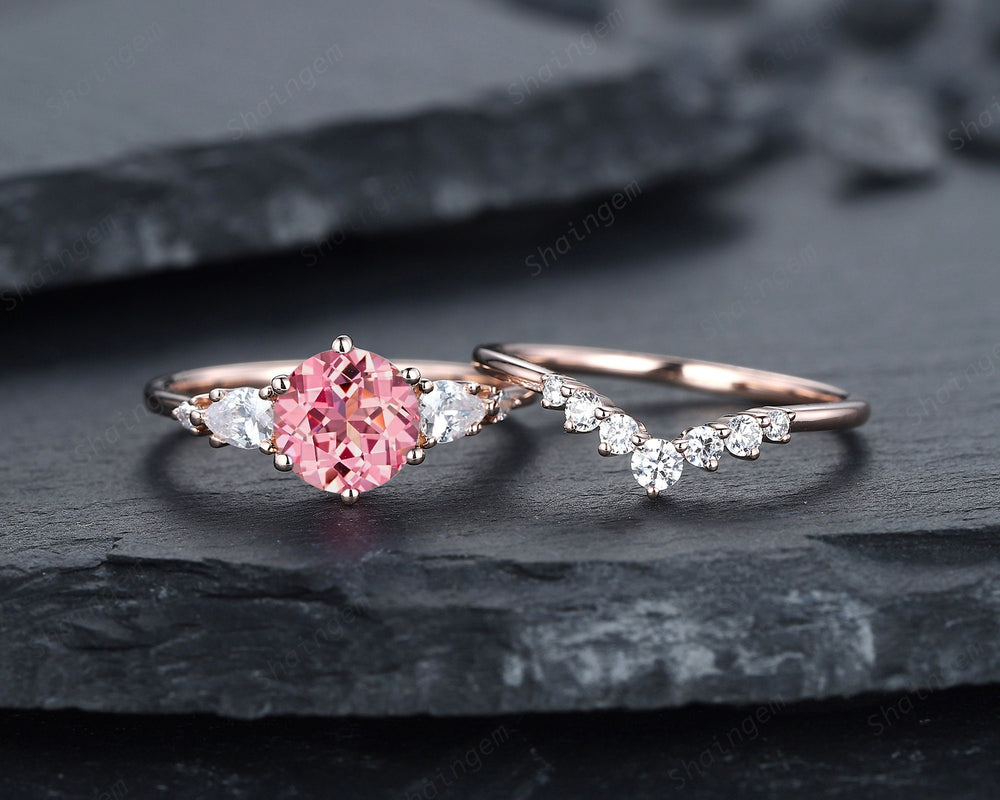 Round Shape Girly Pink Sapphire Engagement Ring Set, 14K Rose Gold Peach Sapphire Bridal Set, Padparadscha Pink Stone Promise Ring for her - ShainJewelry