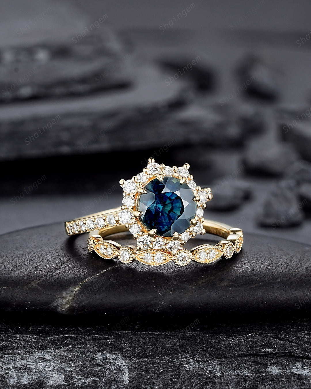 Vintage Round Natural Teal Sapphire and Diamond Engagement Ring Set, 14K 18K Gold Green Sapphire Bridal Set, Promise Anniversary Ring Gift - ShainJewelry