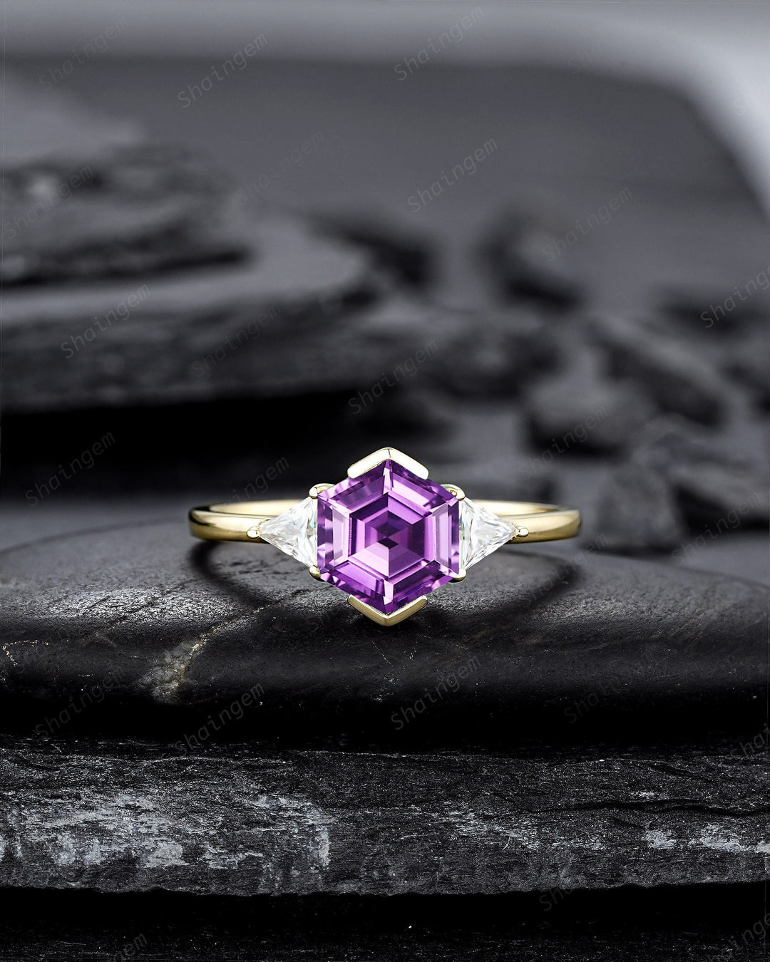 Vintage Hexagon Amethyst and Triangle Moissanite Engagement Ring, Three Stone Ring, Yellow Gold Geometric Promise Wedding Ring for Women - ShainJewelry