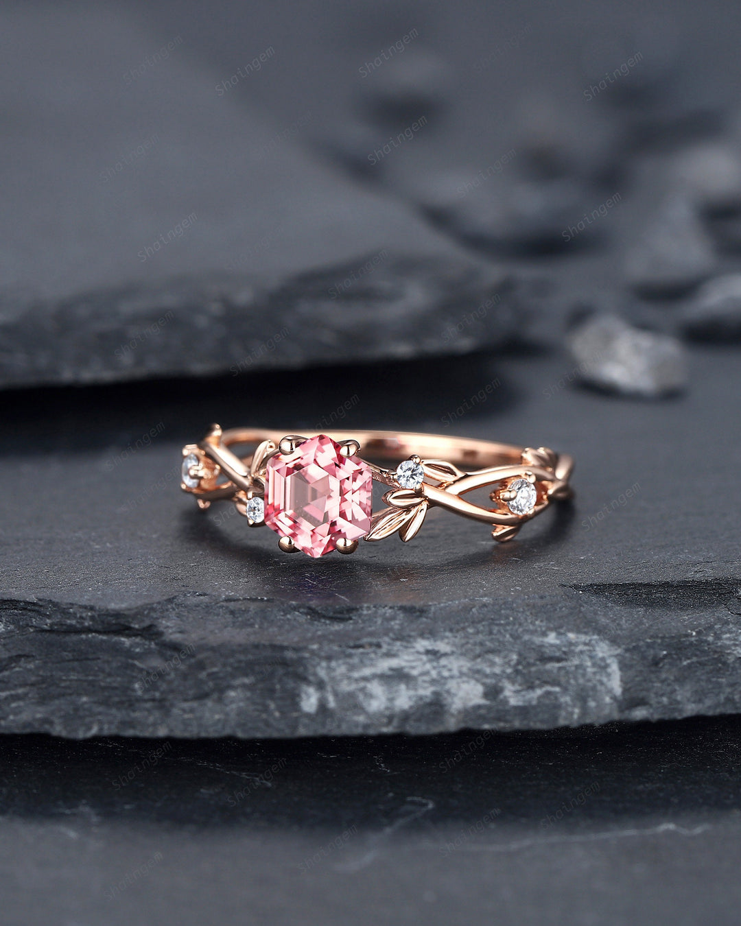 Vintage Hexagon Cut Pink Sapphire and Diamond Engagement Ring, Unique 14K 18K Rose Gold Promise Ring Twig Branch Wedding Ring Gift for Women - ShainJewelry
