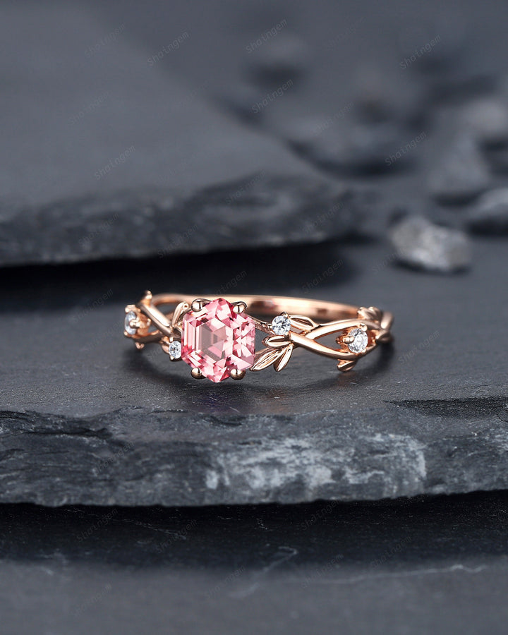 Vintage Hexagon Cut Pink Sapphire and Diamond Engagement Ring, Unique 14K 18K Rose Gold Promise Ring Twig Branch Wedding Ring Gift for Women - ShainJewelry