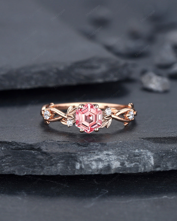 Vintage Hexagon Cut Pink Sapphire and Diamond Engagement Ring, Unique 14K 18K Rose Gold Promise Ring Twig Branch Wedding Ring Gift for Women - ShainJewelry