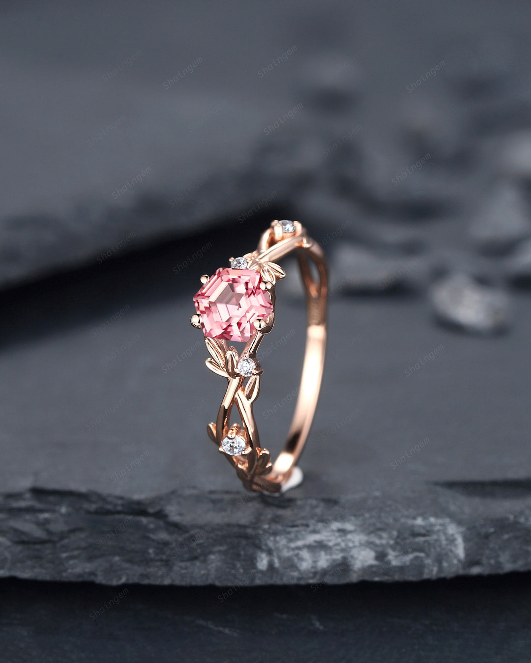 Vintage Hexagon Cut Pink Sapphire and Diamond Engagement Ring, Unique 14K 18K Rose Gold Promise Ring Twig Branch Wedding Ring Gift for Women - ShainJewelry