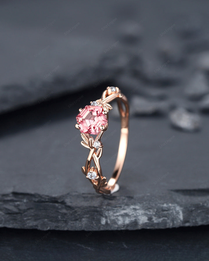 Vintage Hexagon Cut Pink Sapphire and Diamond Engagement Ring, Unique 14K 18K Rose Gold Promise Ring Twig Branch Wedding Ring Gift for Women - ShainJewelry