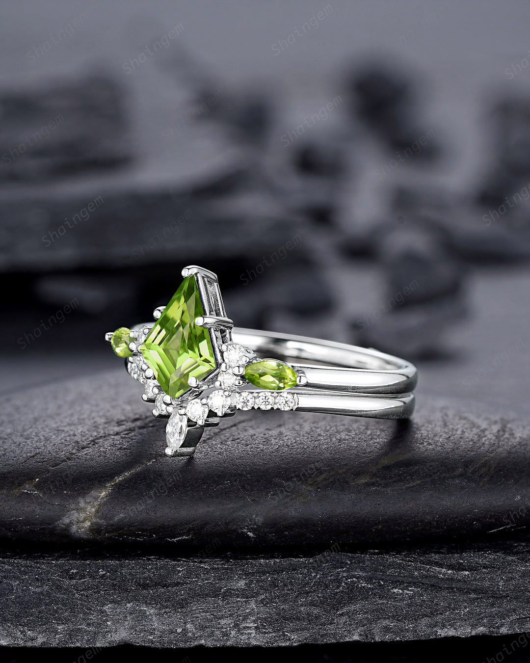 Platinum Kite Shape Natural Peridot Engagement Ring Set, Unique 14K White Gold Promise Ring, Silver Wedding Ring Set Bridal Set for Women - ShainJewelry
