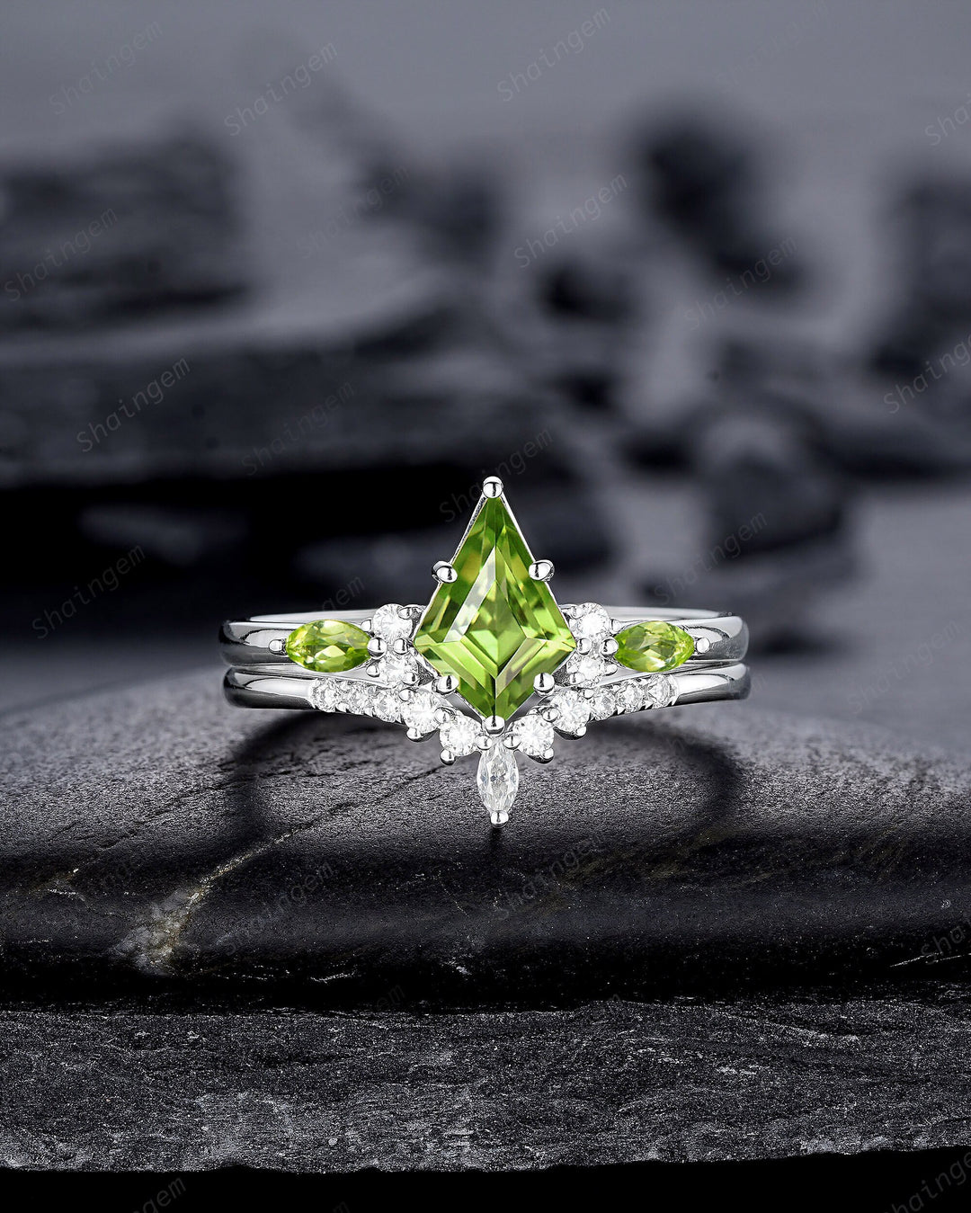 Platinum Kite Shape Natural Peridot Engagement Ring Set, Unique 14K White Gold Promise Ring, Silver Wedding Ring Set Bridal Set for Women - ShainJewelry