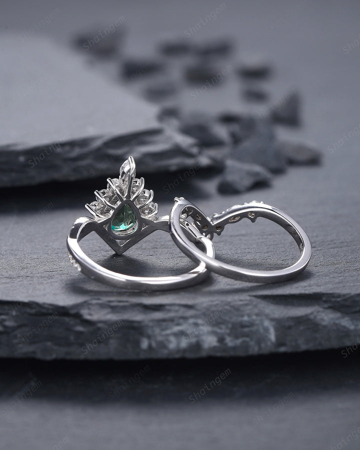 Platinum Pear Shape Teal Sapphire and Diamond Engagement Ring Set, Unique White Gold Halo Wedding Ring Bridal Set, V Shape Promise Ring Gift - ShainJewelry