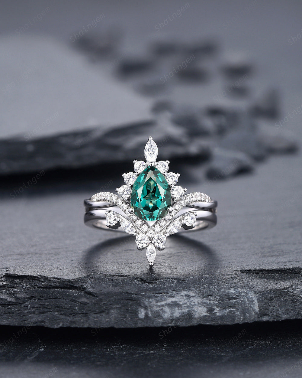 Platinum Pear Shape Teal Sapphire and Diamond Engagement Ring Set, Unique White Gold Halo Wedding Ring Bridal Set, V Shape Promise Ring Gift - ShainJewelry