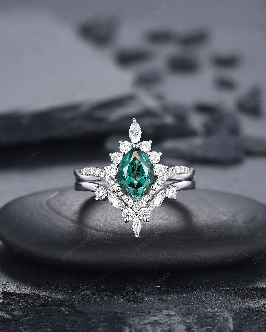 Platinum Pear Shape Teal Sapphire and Diamond Engagement Ring Set, Unique White Gold Halo Wedding Ring Bridal Set, V Shape Promise Ring Gift - ShainJewelry
