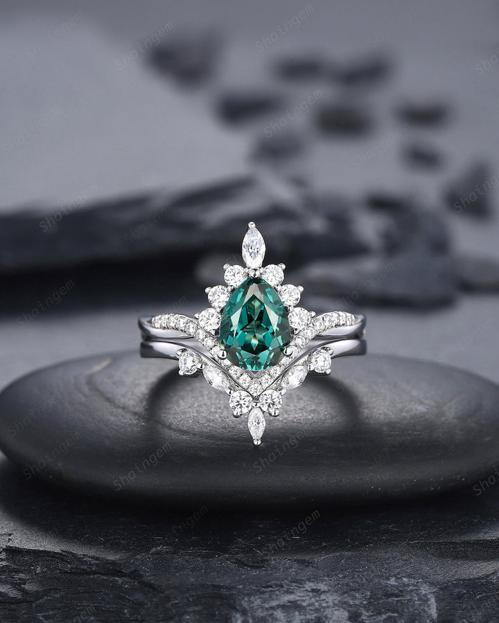 Platinum Pear Shape Teal Sapphire and Diamond Engagement Ring Set, Unique White Gold Halo Wedding Ring Bridal Set, V Shape Promise Ring Gift - ShainJewelry