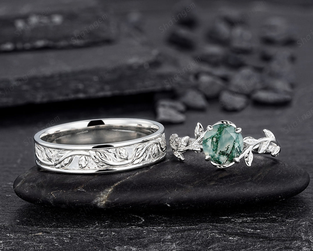 His and Hers Moss Agate Engagement Wedding Band, 14K White Gold Leaf Couple Wedding Ring, Silver Promise Ring Set , Plain Men's Band