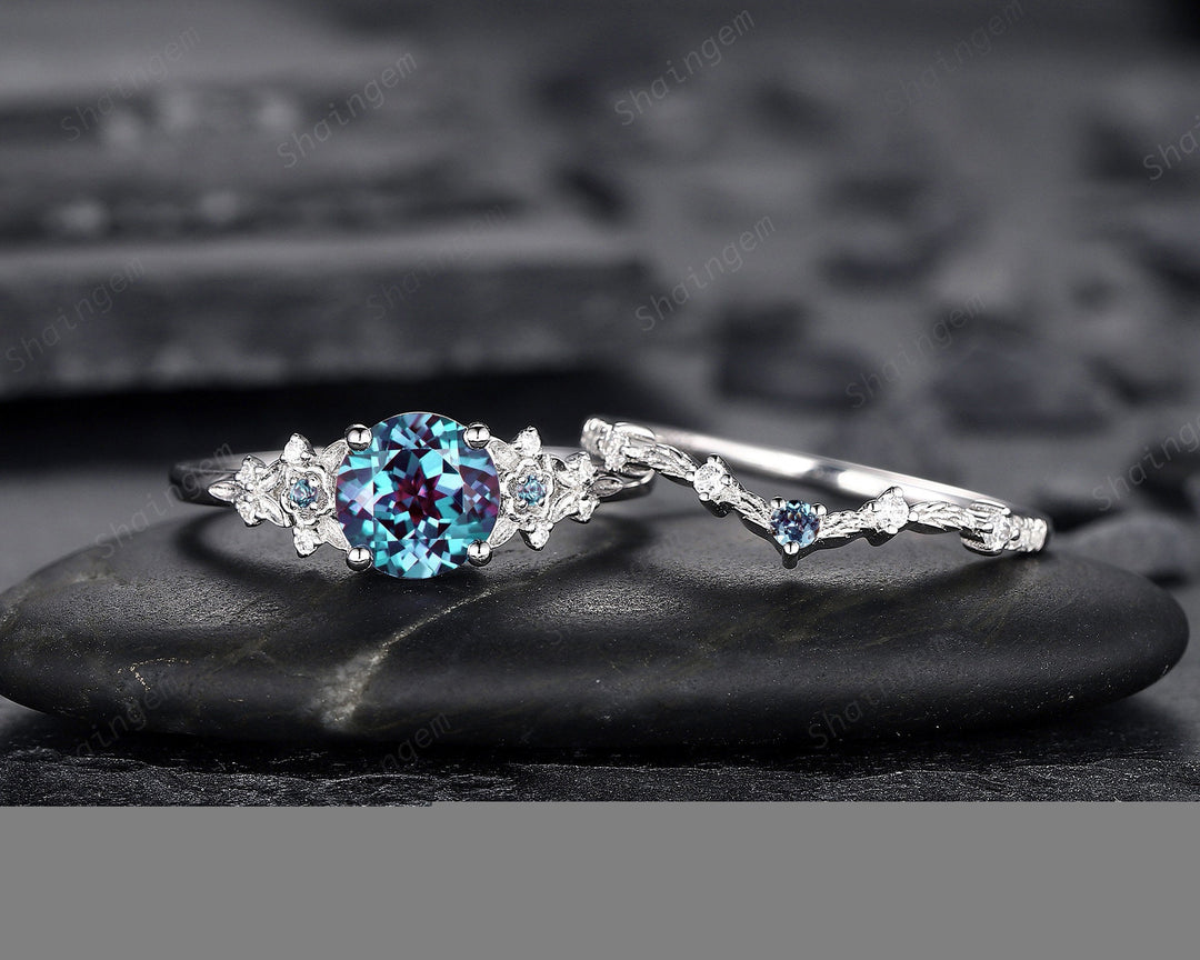 Platinum Round Shape Alexandrite Engagement Ring Set, White Gold Floral Alexandrite Promise Ring, Nature Inspired Bridal Set Gift For Women - ShainJewelry