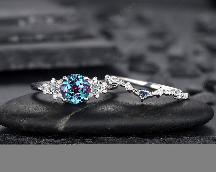 Platinum Round Shape Alexandrite Engagement Ring Set, White Gold Floral Alexandrite Promise Ring, Nature Inspired Bridal Set Gift For Women - ShainJewelry