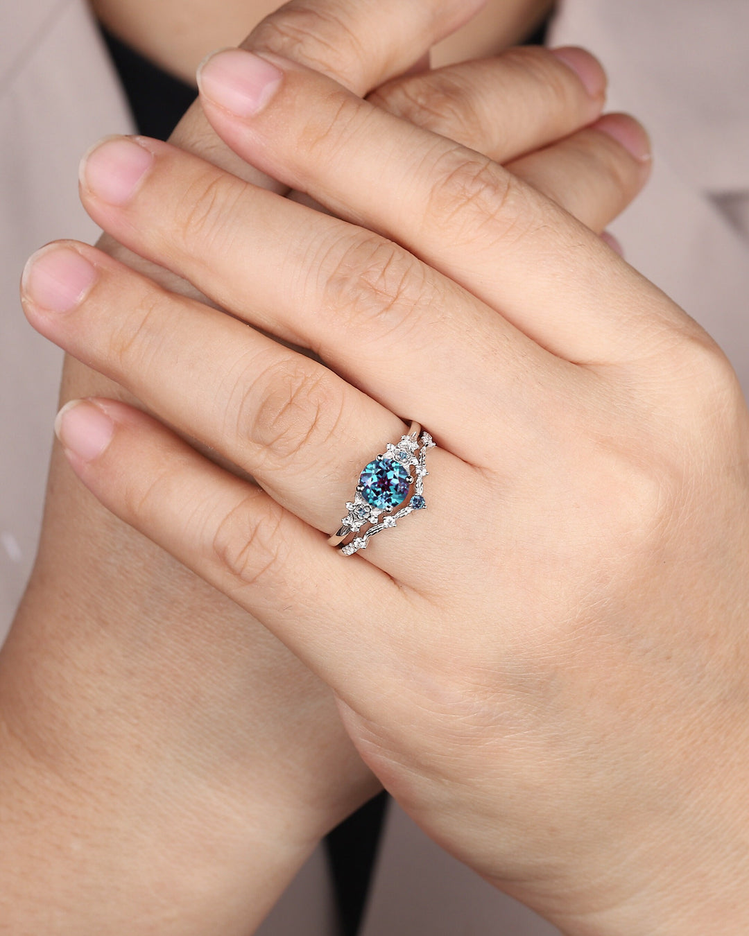 Platinum Round Shape Alexandrite Engagement Ring Set, White Gold Floral Alexandrite Promise Ring, Nature Inspired Bridal Set Gift For Women - ShainJewelry