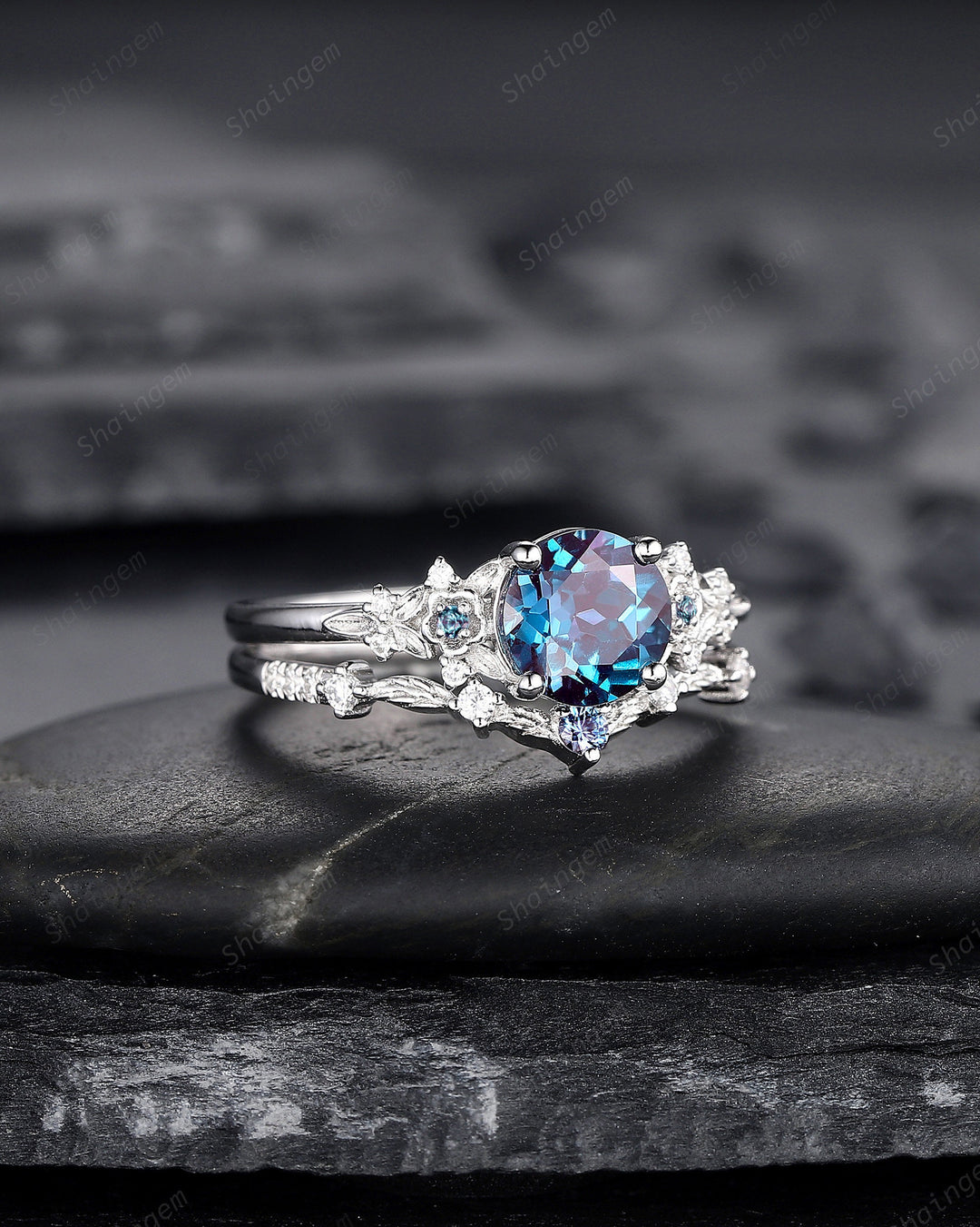 Platinum Round Shape Alexandrite Engagement Ring Set, White Gold Floral Alexandrite Promise Ring, Nature Inspired Bridal Set Gift For Women - ShainJewelry