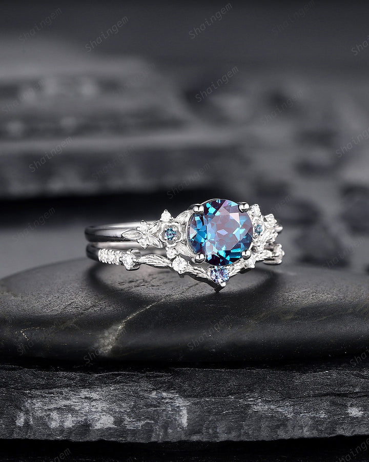Platinum Round Shape Alexandrite Engagement Ring Set, White Gold Floral Alexandrite Promise Ring, Nature Inspired Bridal Set Gift For Women - ShainJewelry