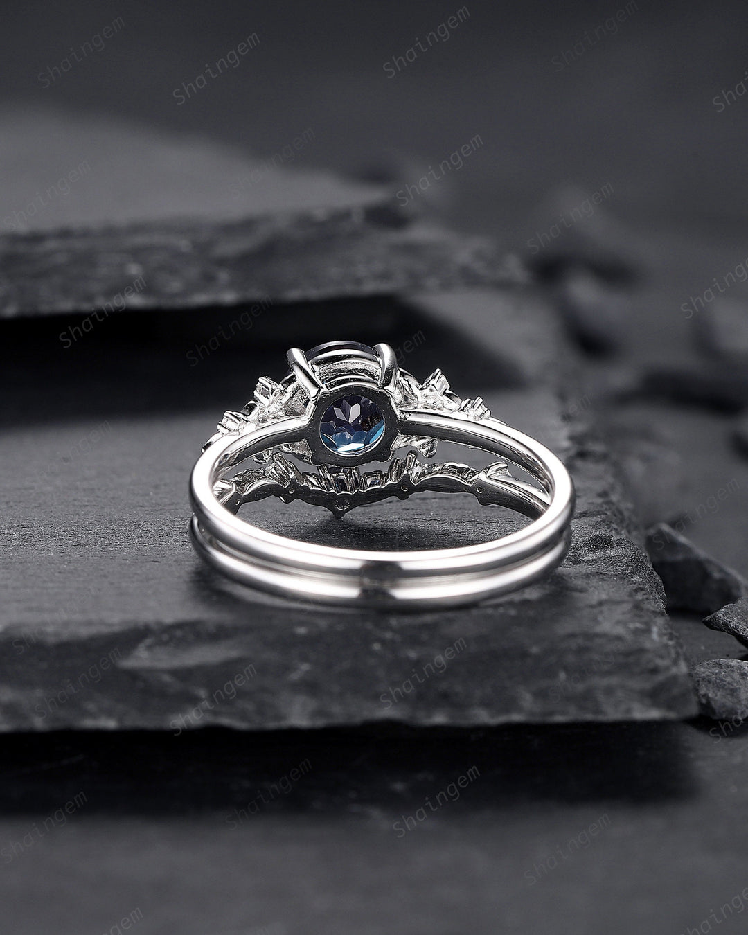 Platinum Round Shape Alexandrite Engagement Ring Set, White Gold Floral Alexandrite Promise Ring, Nature Inspired Bridal Set Gift For Women - ShainJewelry