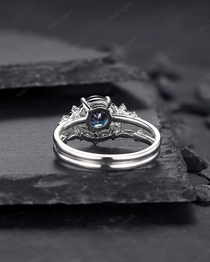 Platinum Round Shape Alexandrite Engagement Ring Set, White Gold Floral Alexandrite Promise Ring, Nature Inspired Bridal Set Gift For Women - ShainJewelry