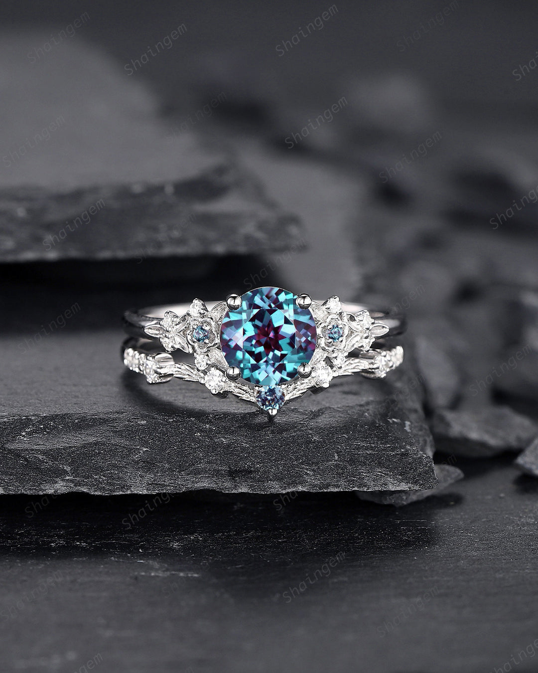 Platinum Round Shape Alexandrite Engagement Ring Set, White Gold Floral Alexandrite Promise Ring, Nature Inspired Bridal Set Gift For Women - ShainJewelry
