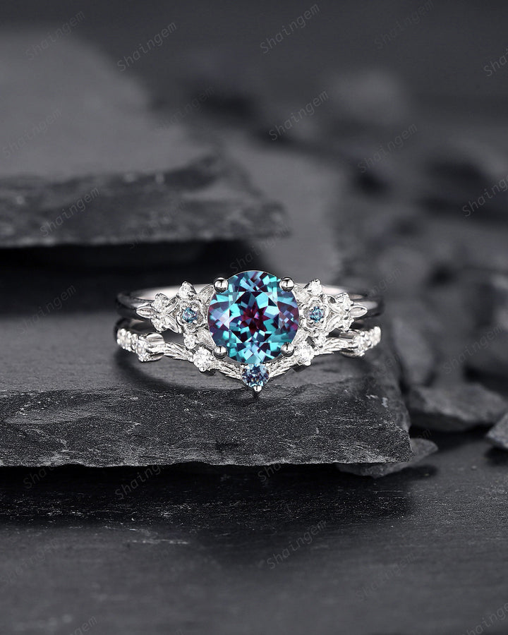 Platinum Round Shape Alexandrite Engagement Ring Set, White Gold Floral Alexandrite Promise Ring, Nature Inspired Bridal Set Gift For Women - ShainJewelry