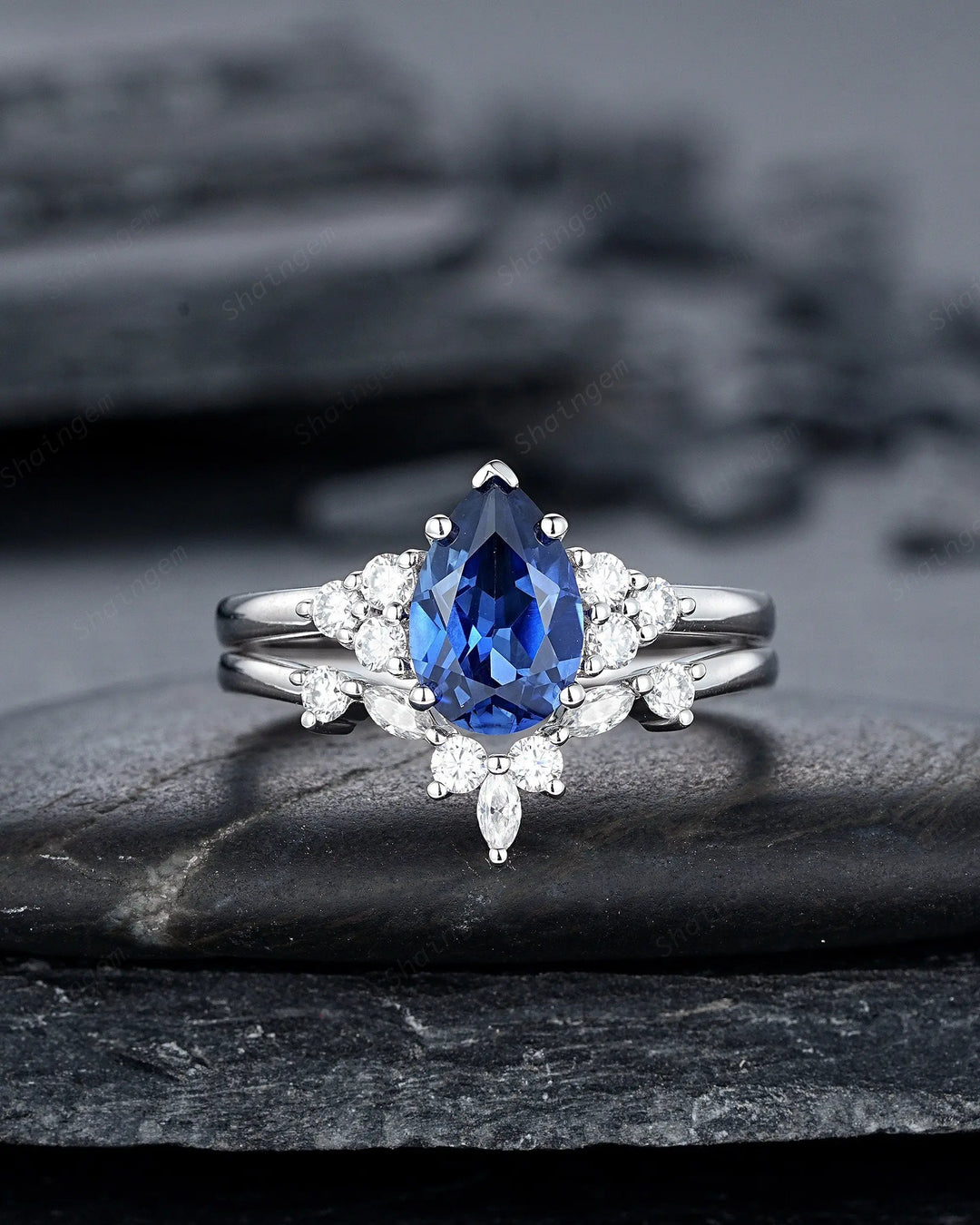 Vintage Pear Cut Cornflower Blue Sapphire Ring Set, Unique Vivid Blue Sapphire Wedding Set, White Gold Sapphire Bridal Set, Engagement Ring - ShainJewelry