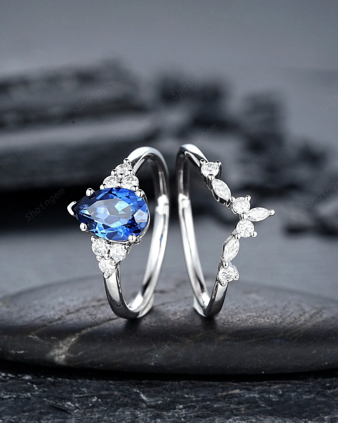 Vintage Pear Cut Cornflower Blue Sapphire Ring Set, Unique Vivid Blue Sapphire Wedding Set, White Gold Sapphire Bridal Set, Engagement Ring - ShainJewelry