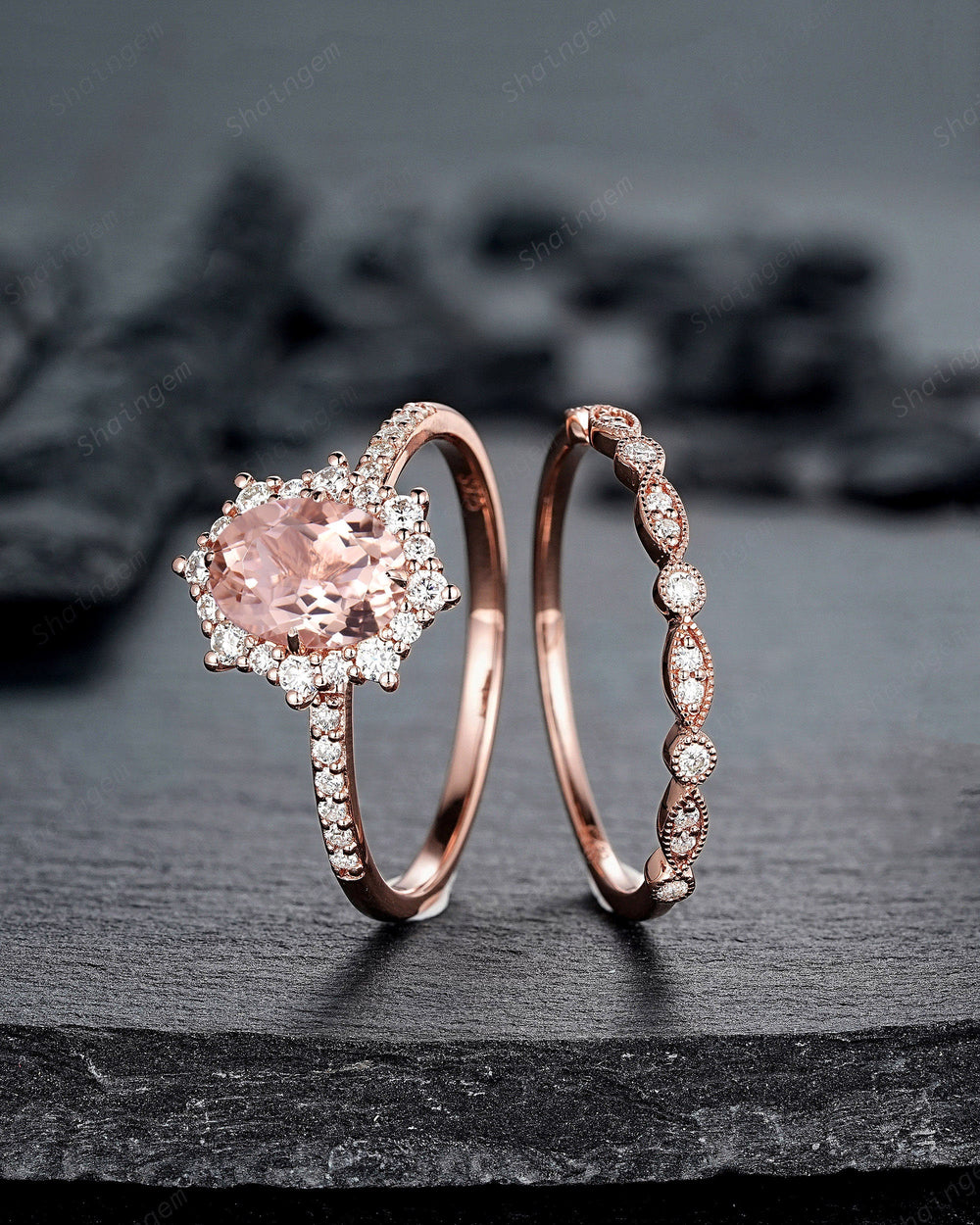 Vintage Pink Morganite and Halo Diamond Engagement Ring Set, Oval Shape Morganite Rose Gold Floral Promise Ring, Wedding Ring Bridal Set - ShainJewelry