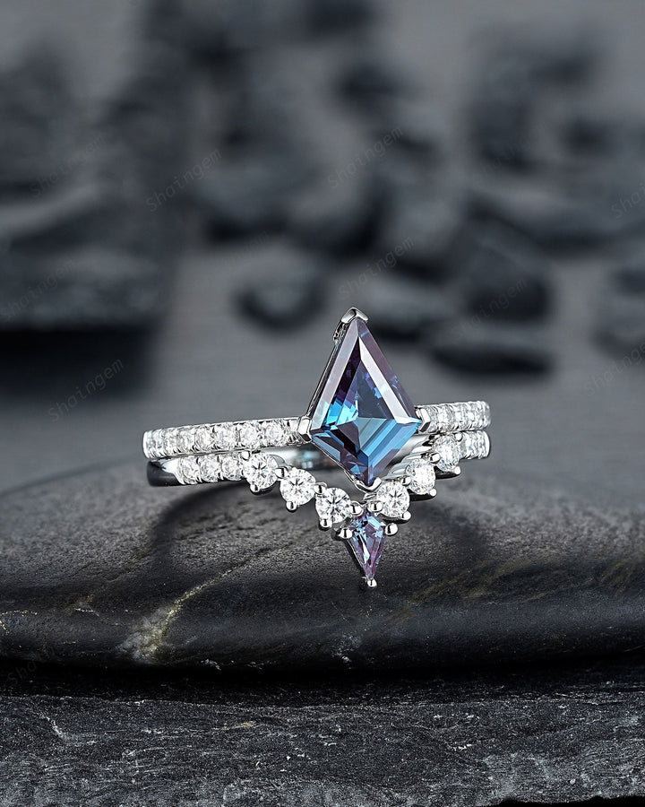 2CT Kite Shape Alexandrite and Diamond Bridal Set, Unique 14K Solid White Gold Alexandrite Engagement Ring, Promise Anniversary Ring Gift - ShainJewelry