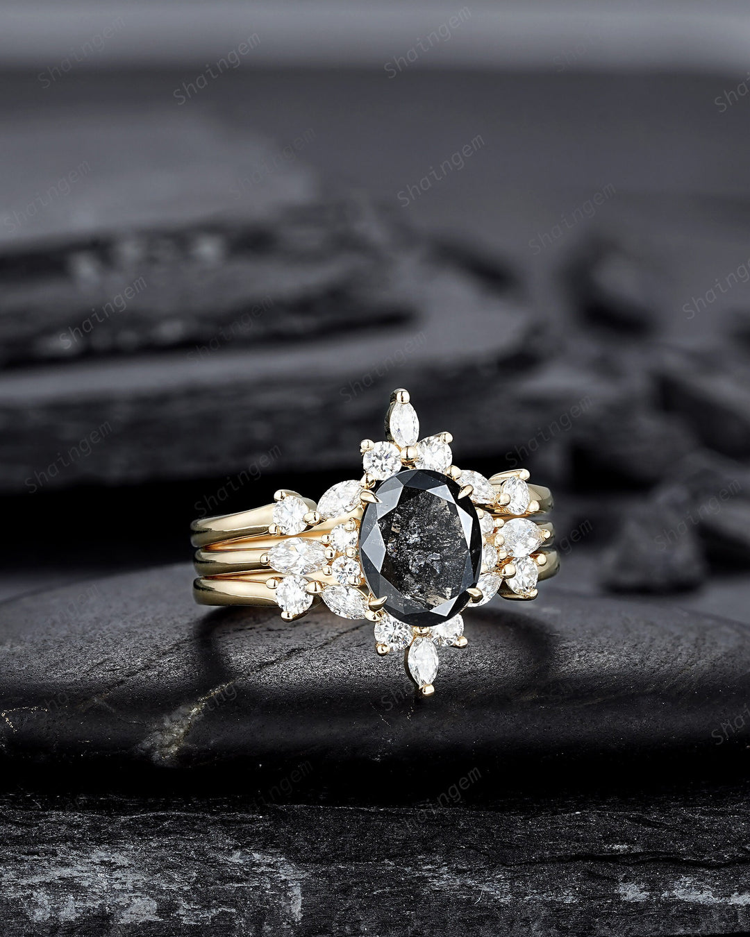 Oval Shape Salt and Pepper Diamond Engagement Ring Set, 18K Yellow Gold Natural Black Diamond Promise Ring, Gray Diamond Wedding Ring Gift - ShainJewelry