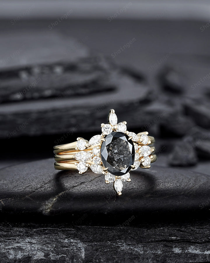 Oval Shape Salt and Pepper Diamond Engagement Ring Set, 18K Yellow Gold Natural Black Diamond Promise Ring, Gray Diamond Wedding Ring Gift - ShainJewelry