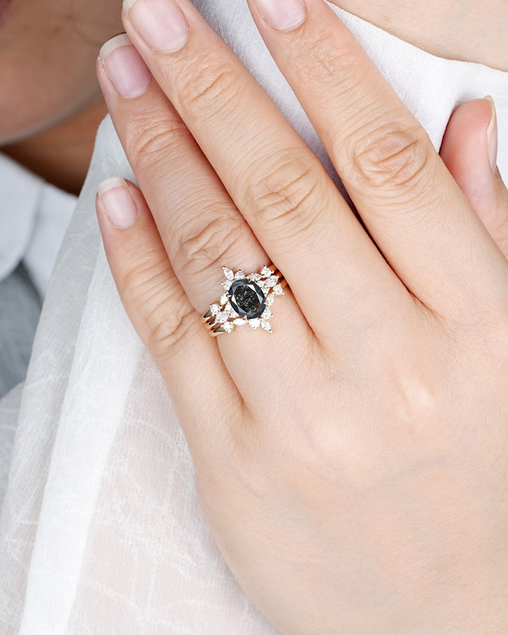 Oval Shape Salt and Pepper Diamond Engagement Ring Set, 18K Yellow Gold Natural Black Diamond Promise Ring, Gray Diamond Wedding Ring Gift - ShainJewelry