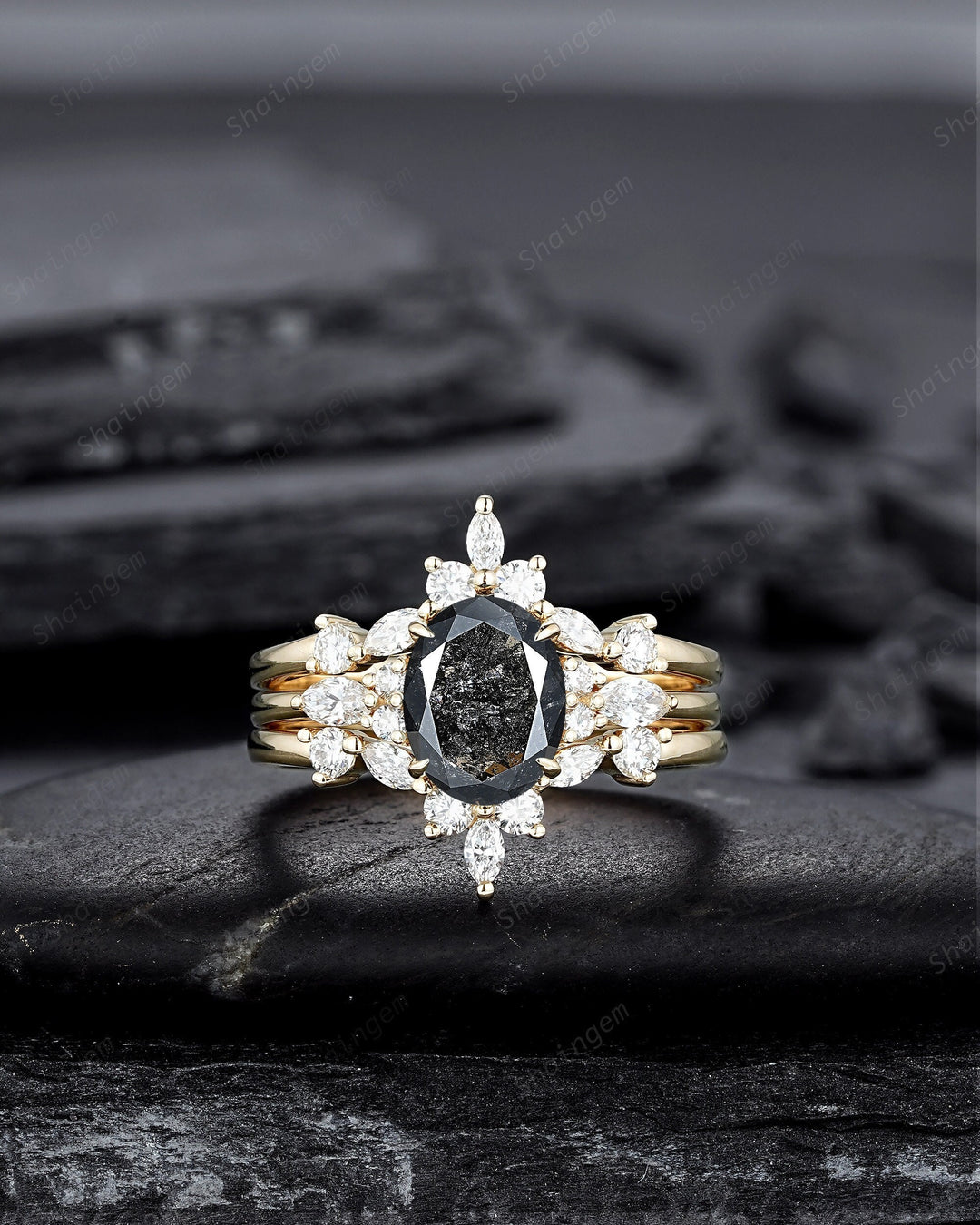 Oval Shape Salt and Pepper Diamond Engagement Ring Set, 18K Yellow Gold Natural Black Diamond Promise Ring, Gray Diamond Wedding Ring Gift - ShainJewelry